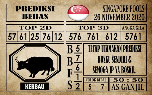 Prediksi Singapore Pools Hari ini 26 November 2020 terupdate selalu dihadirkan sebagai pertimbangan untuk pecinta togel online dal am meracik angka unggulan