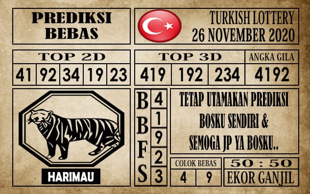 Prediksi Turkish Lottery Hari Ini 26 November 2020 terupdate selalu dihadirkan sebagai pertimbangan untuk pecinta togel online dalam meracik angka unggulan