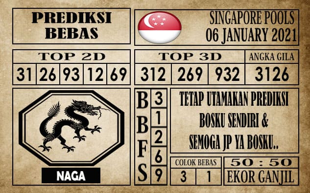 Prediksi Singapore Pools Hari ini 06 Januari 2021 terupdate selalu dihadirkan sebagai pertimbangan untuk pecinta togel online dal am meracik angka unggulan